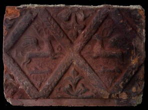 Hearthstone, from Antwerp Belgium, without frame, with winged deer, hearth fireplace part ceramics brick glaze, fired Hearth