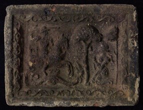 Hearthstone, Luiks, from Luik, Liege Belgium, with wide frame, with Sint Joris, fireplace stone part ceramics brick, baked