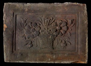 Hearthstone, Luiks, from Luik, Liege Belgium, with wide frame, with flowers, hearth fireplace part ceramics brick, fired