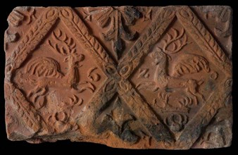 Hearthstone, from Antwerp Belgium, without frame, with winged deer in the window, hearth fireplace component ceramics brick