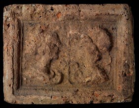 Hearthstone, Luiks, from Luik, Liege Belgium, with wide frame, with male and female head, fireplace hearth part ceramic brick