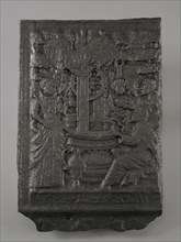 Fireback with biblical representation: Jesus with Samaritan woman at the well, fire place, cast Rectangular fireplace with image