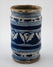 High majolica albarello on stand with flown blue decor, albarello holder soil find ceramic earthenware glaze lead glaze tin