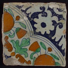 Ornament tile, diagonal ornament in quatrefoil with orange and flowers, palm corner, corner pattern rosette, wall tile