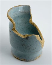 Fragment of pottery ointment jar with two constrictions, blue-white glazed, ointment jar holder soil find ceramic earthenware