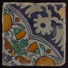 Ornament tile, diagonal ornament in quatrefoil with orange and flowers, palm corner, corner pattern rosette, wall tile