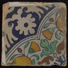 Ornament tile, diagonal ornament in quatrefoil with bows in which orange apples and flowers, palm corner, corner rosette, wall