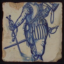 Tile of tableau with in blue torso of soldier, tile picture material fragment ceramic earthenware glaze, baked 2x glazed painted