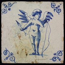 White tile with blue standing cupid with bow and arrow, ox-head in the corners, wall tile tile sculpture ceramic earthenware