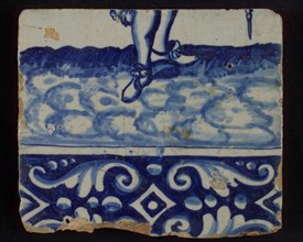 Tile of tableau with in blue feet and decorated border, tile picture material fragment ceramic earthenware glaze, baked 2x