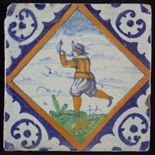 White tile with man with pitchfork and horn on hill in blue, yellow and green in squared, square cornered, wall tile