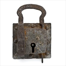 Rectangular padlock with keyhole and curved bracket, padlock lock closing device bottomfound iron metal, handforged riveted
