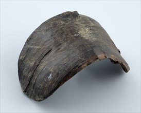 Wooden bottom of small tub or basket, oval in shape, component ground find timber, sawn planed stabbed Oval wooden bottom