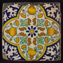Ornament tile, centrally rosette above which orange-pineapples and marigolds, four-sided frame, corner motif, wall tile