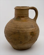 Pottery jug from Andenne on three times two toes, convex with straight neck, kitchen utensils earthenware ceramic earthenware