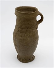 Gray stoneware drink jug on pinched foot, rough wall, cuff collar, pot jug crockery holder soil find ceramic stoneware clay