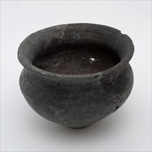 Small black pot on narrow stand, baluster shape, terra nigra, Roman pottery, pot holder soil find ceramic earthenware, hand