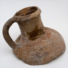 Neck of pottery jug from Andenne, red shard, lead glaze on the shoulder, kitchen utensils fragment soil found ceramic