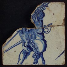 Tile of tableau with blue soldier's torso, tile picture footage fragment ceramics pottery glaze, baked 2x glazed painted Tile