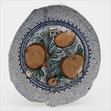 Majolica dish on stand with three pomegranates as performance, dish plate crockery holder soil find ceramic earthenware glaze