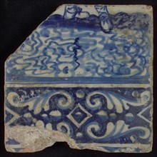 Tile of tableau with in blue feet and decorated border, tile picture footage fragment ceramics pottery glaze, baked 2x glazed