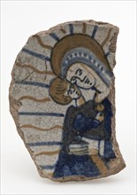Fragment polychrome majolica dish with Mary and Christ Child, dish plate board plate soil find ceramic earthenware glaze tin