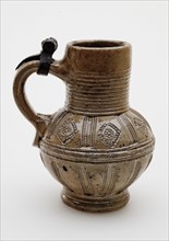 Stoneware jug, ball model with cylindrical neck, band ear with pewter lid hinge, jug crockery holder soil find ceramic stoneware