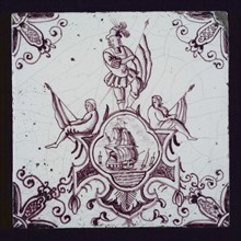 Aalmis, Cartouchetegel with sailing ship and figure with banner, corner motif, quarter rosette, wall tile tile sculpture ceramic