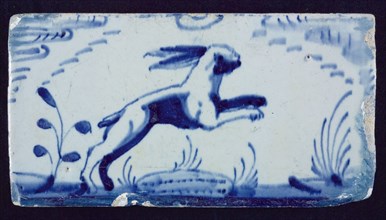 Animal tile with jumping hare in landscape, blue, edge tile wall tile tile sculpture ceramic earthenware glaze, baked 2x glazed