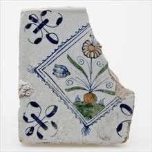 Fragment pottery square tile with polychrome flower, wall tile tile visualization earth discovery ceramic earthenware glaze tin