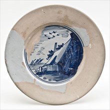 Faience plate on stand, with landscape in blue on white ground, plate dish crockery holder soil find ceramic earthenware glaze