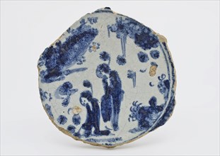 Soul of majolica dish, monochrome decor, landscape with two Chinese, plate dish crockery holder soil find ceramic pottery glaze