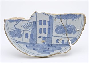 Fragment majolica dish, landscape with house or tower in blue, dish plate board plate soil found ceramic earthenware glaze tin