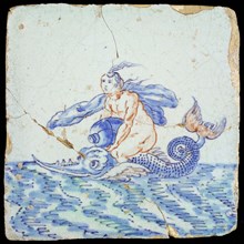 Scene tile, naked woman with jug and fluttering cloth sitting on fish, in continuous water, wall tile tile sculpture soil find