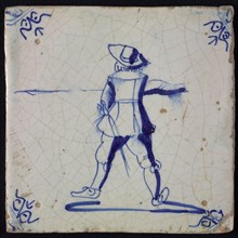 White tile with blue warrior; corner pattern ox head, wall tile tile sculpture ceramic earthenware glaze, baked 2x glazed