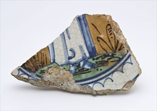 Fragment of majolica dish on which person is depicted, dish plate crockery holder soil find ceramic earthenware glaze lead glaze
