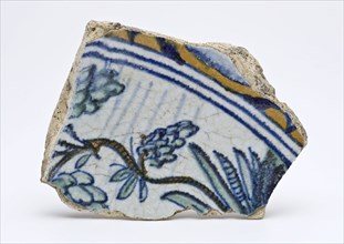 Fragment of majolica dish on which plant, dish plate crockery holder soil find ceramic earthenware glaze lead glaze tin glaze
