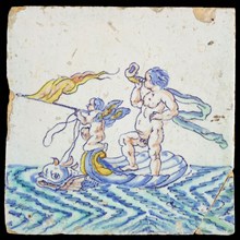 Scene tile, dolphin pulled shell naked man with horn and winged Amor with flag, wall tile tile sculpture soil find ceramic