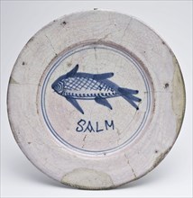 Faience dish with fish and text SALM in blue on rose-pink background, dish plate tableware holder earth discovery ceramics