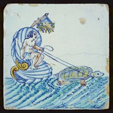 Scene tile, with figure on shell at sea, drawn by turtle, wall tile tile sculpture soil find ceramic pottery glaze, baked 2x