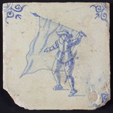 White tile with blue warrior, standard wharf; corner pattern ox head, wall tile tile sculpture ceramic earthenware glaze, baked