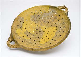 Pottery colander, yellow glazed with decorated horizontal ears, colander kitchen equipment earthquake ceramic earthenware glaze