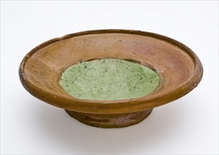 Earthenware dish on stand, green and brown glazed, dish plate tableware holder soil find ceramic earthenware glaze lead glaze