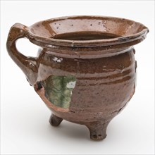 Pottery cooking jug, brown and green glazed, bandoor, on three legs, cooking pot tableware holder utensils earthenware ceramics
