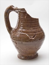 Pottery jug, completely brown glazed with high band ear, on stand, water jug crockery holder soil find ceramic earthenware glaze