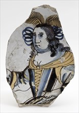 Fragment majolica dish with polychrome portrait of woman, dish crockery holder soil find ceramic earthenware glaze tin glaze