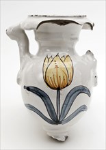 Majolica vase, classic in form, with polychrome tulip as representation, vase crockery holder soil find ceramic earthenware