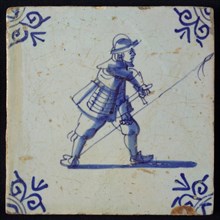 White tile with blue warrior; corner pattern ox head, wall tile tile sculpture ceramics pottery glaze, baked 2x glazed painted