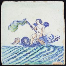 Scene tile, winged naked man with torch on fish to the right, in continuous water, wall tile tile sculpture soil find ceramic