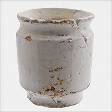 White ointment jar, cylindrical with two constrictions, narrow foot, ointment jar holder soil find ceramic earthenware glaze tin